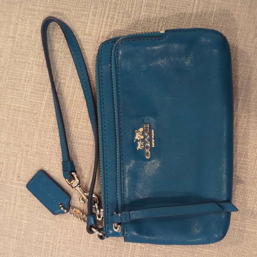 Coach Madison Double Zip Leather Wristlet Wallet Teal with Gold Tone Hardware